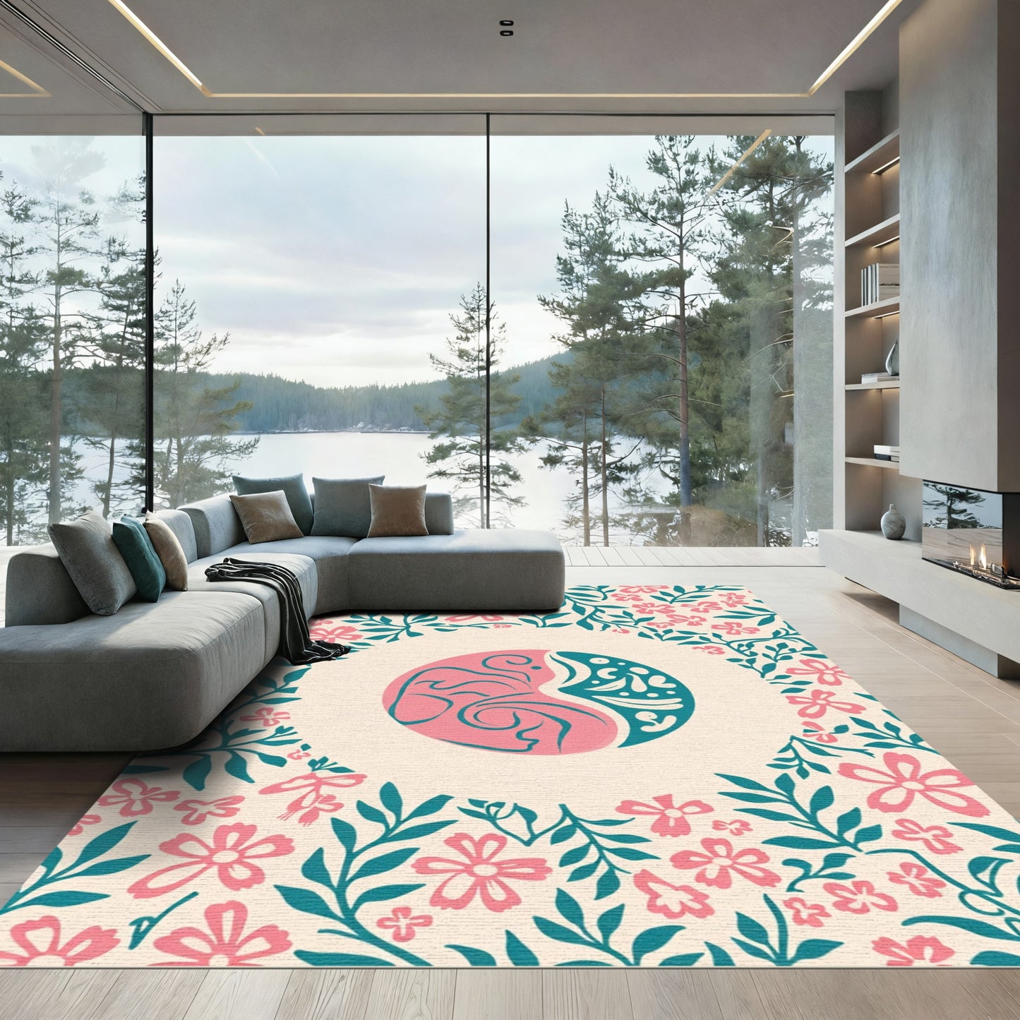 Pink Teal Floral Yin Yang Composition Rug