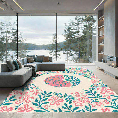Pink Teal Floral Yin Yang Composition Rug