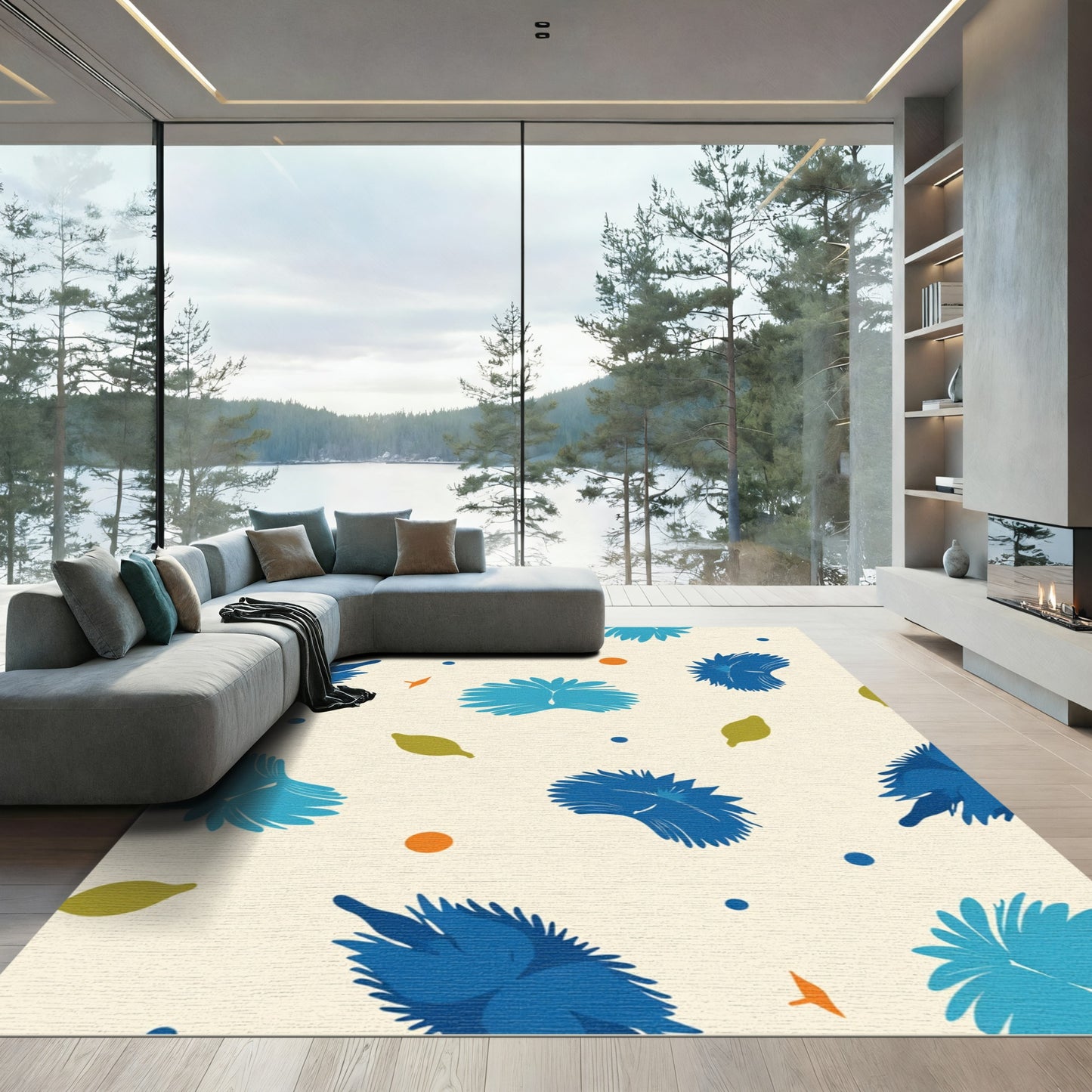 Blue Feathered Flower Abstract Round Rug