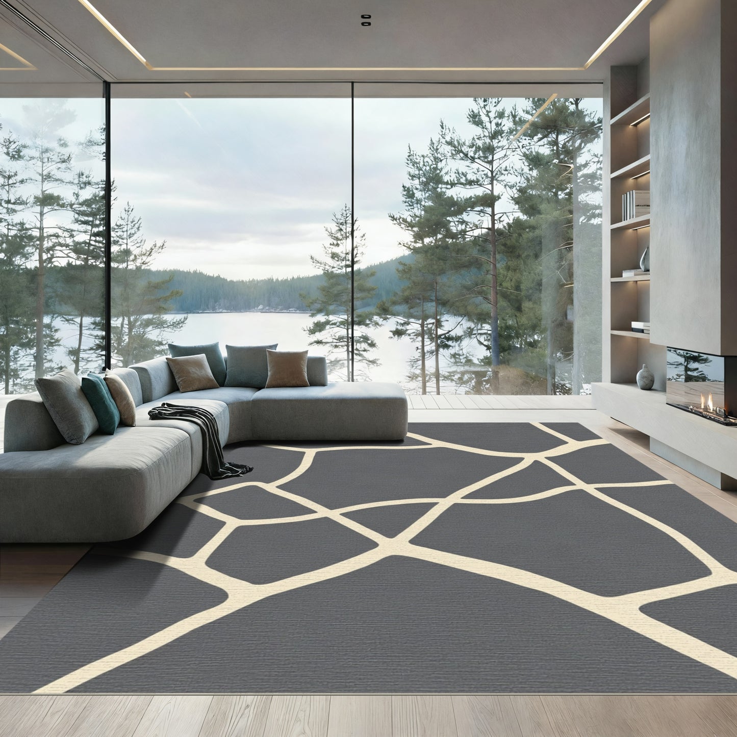 Cream Lines Dark Gray Abstract Rug