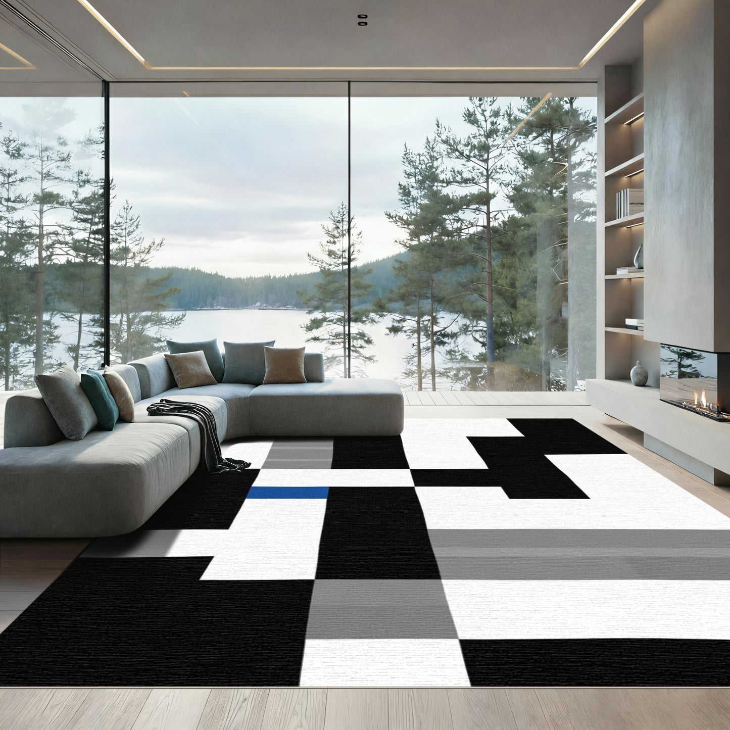 Modern Blue Geometric Abstract Blocks Rug