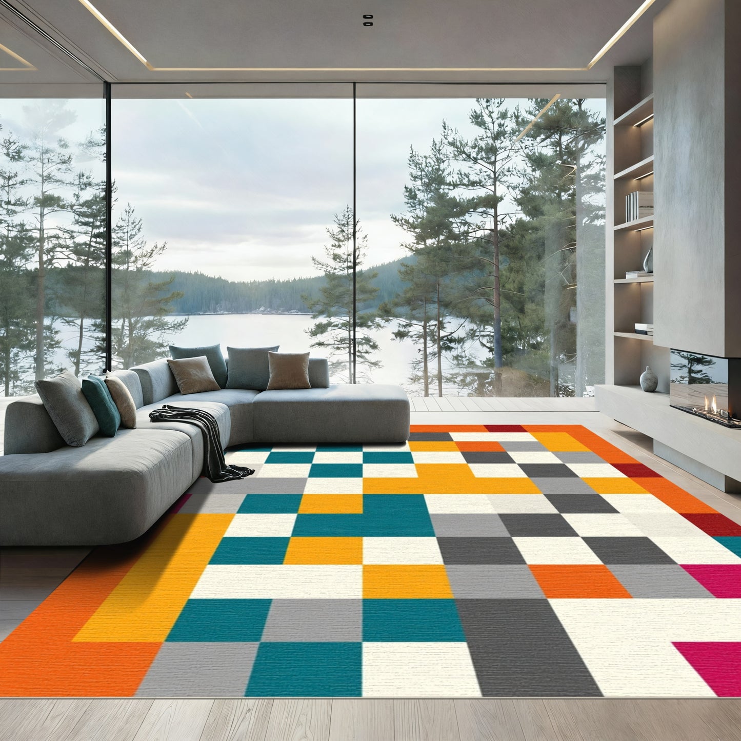 Abstract Blocks Teal Orange Geometric Rug