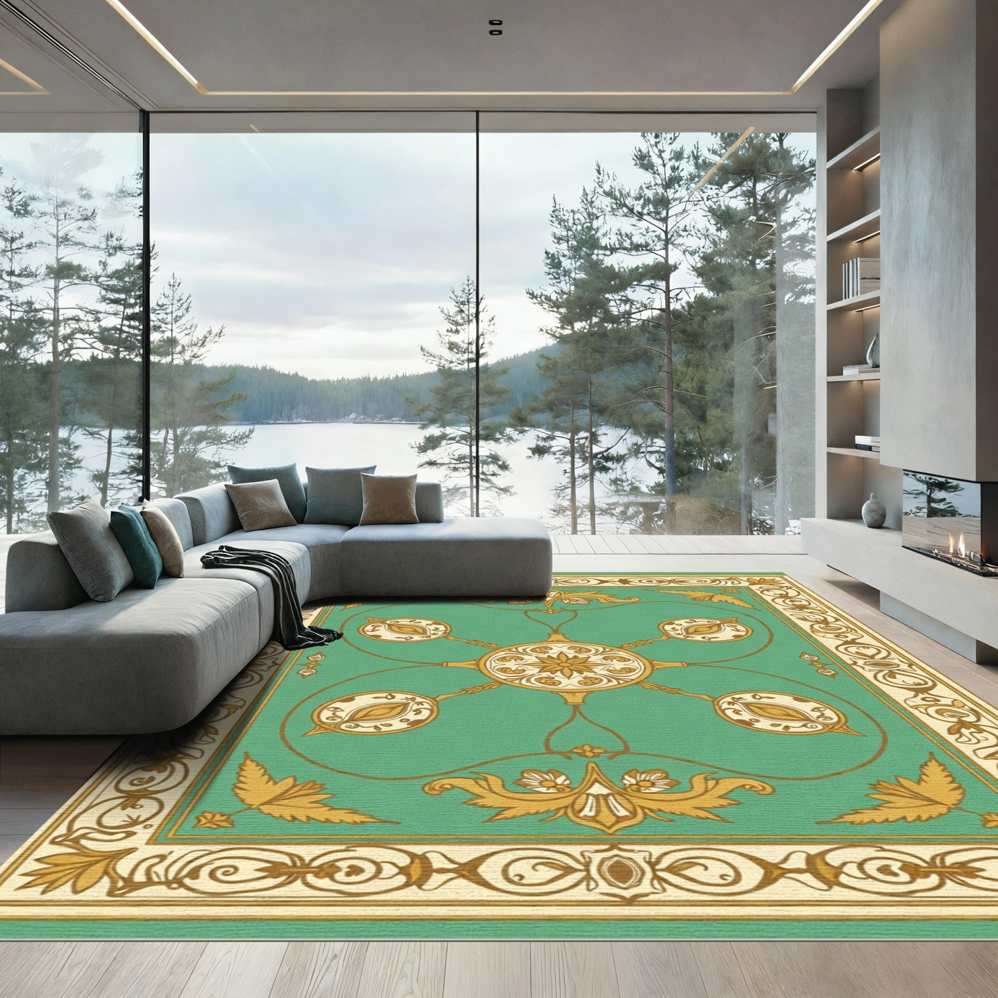 Teal Golden Floral Medallion Frame Rug