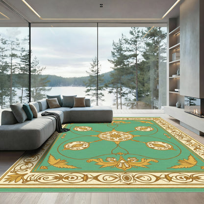 Teal Golden Floral Medallion Frame Rug