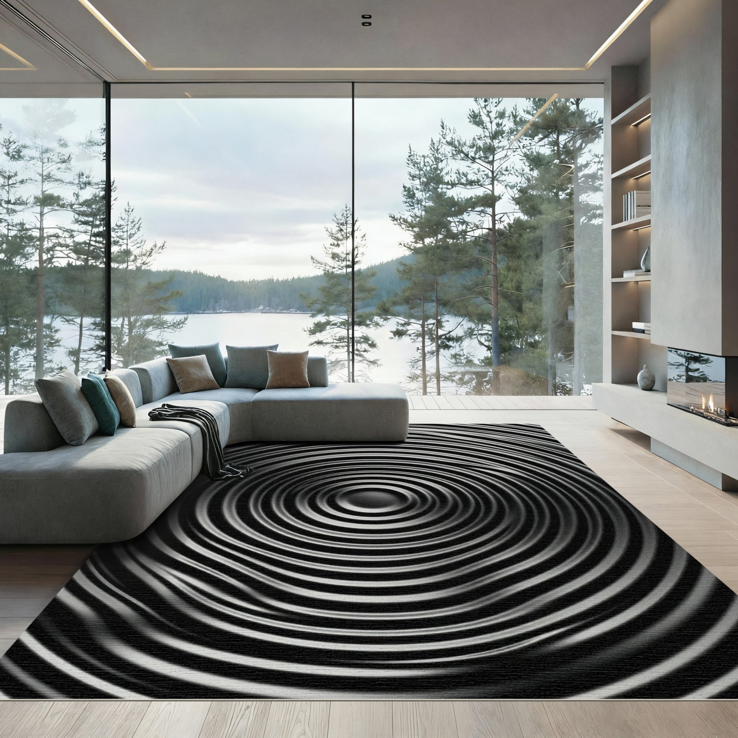 Rippled Black Silver Concentric Circles Rug