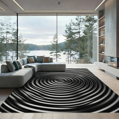 Rippled Black Silver Concentric Circles Rug