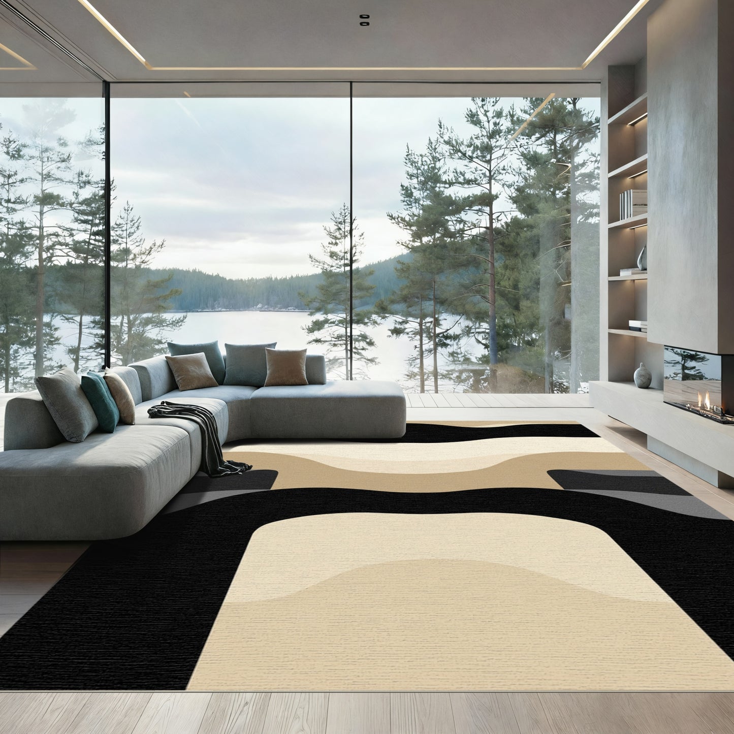 Abstract Sepia Tone Wavy Lines Rug