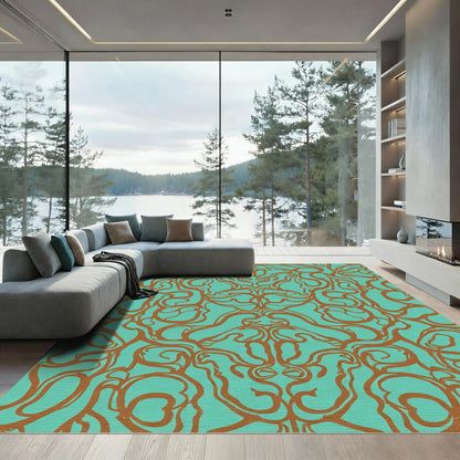 Aqua Copper Swirls Abstract Rug