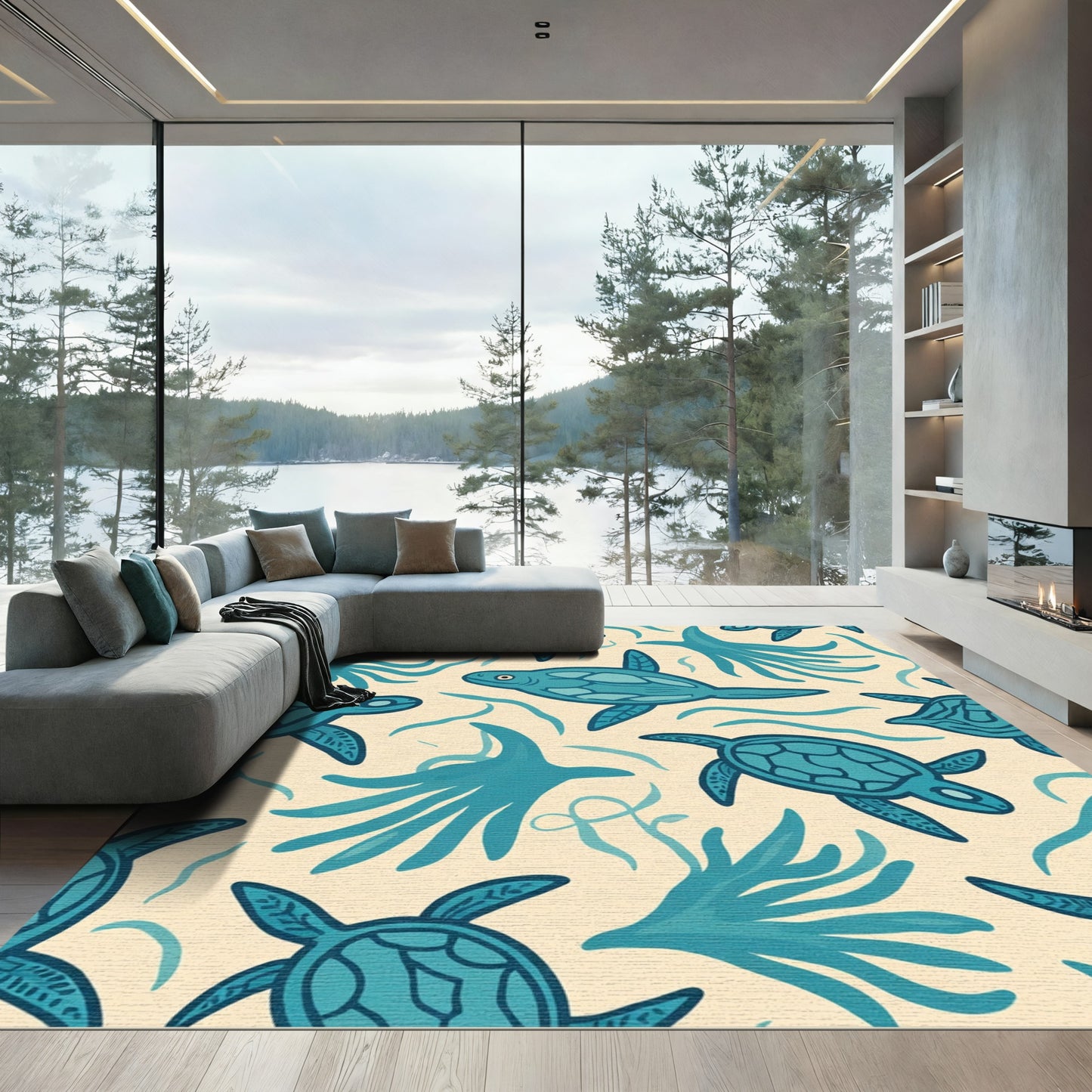 Teal Sea Turtles Ocean Kelp Rug