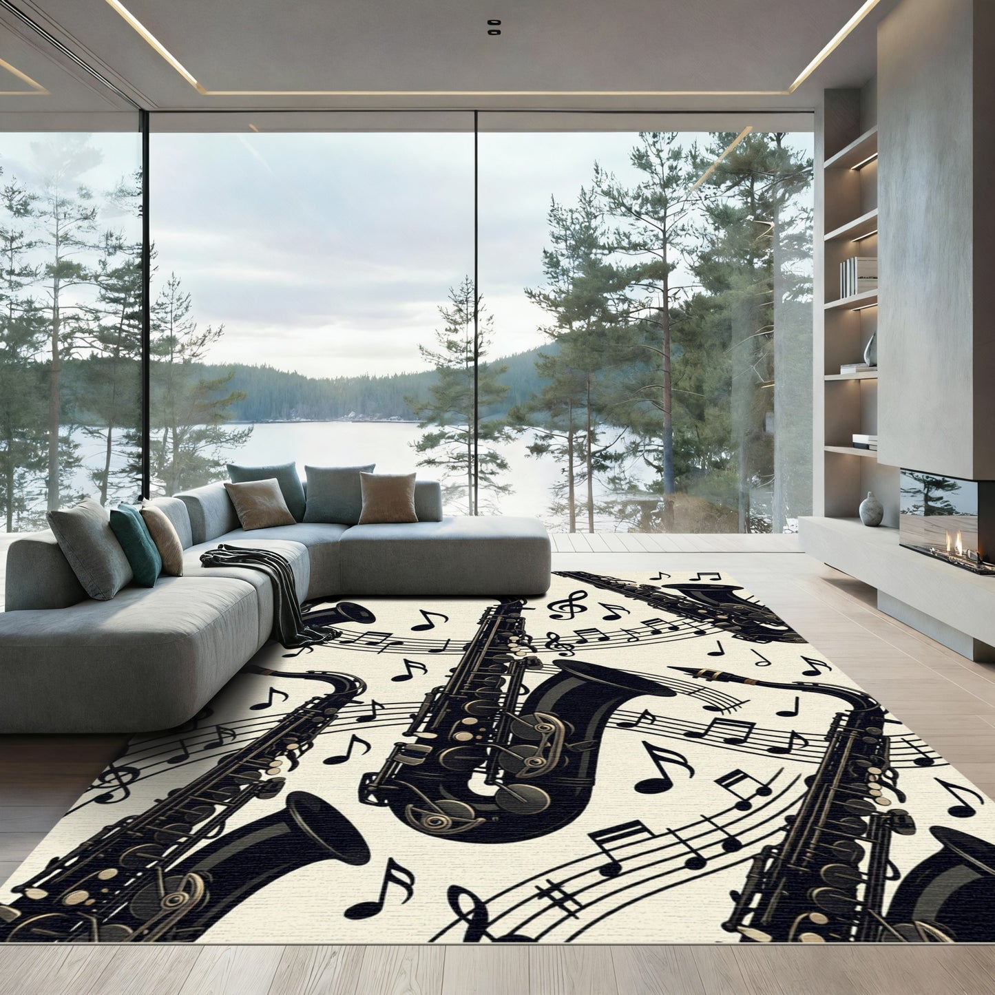 Artistic Black Saxophone And Musical Notes Rug