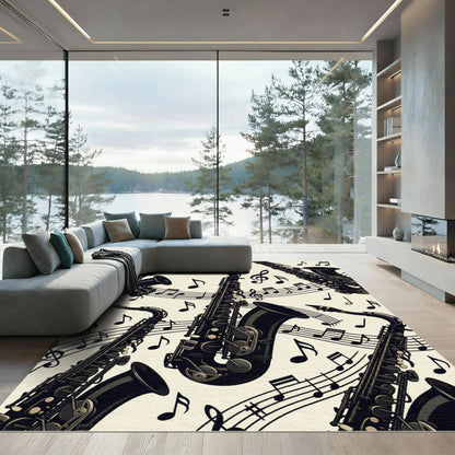Artistic Black Saxophone And Musical Notes Rug