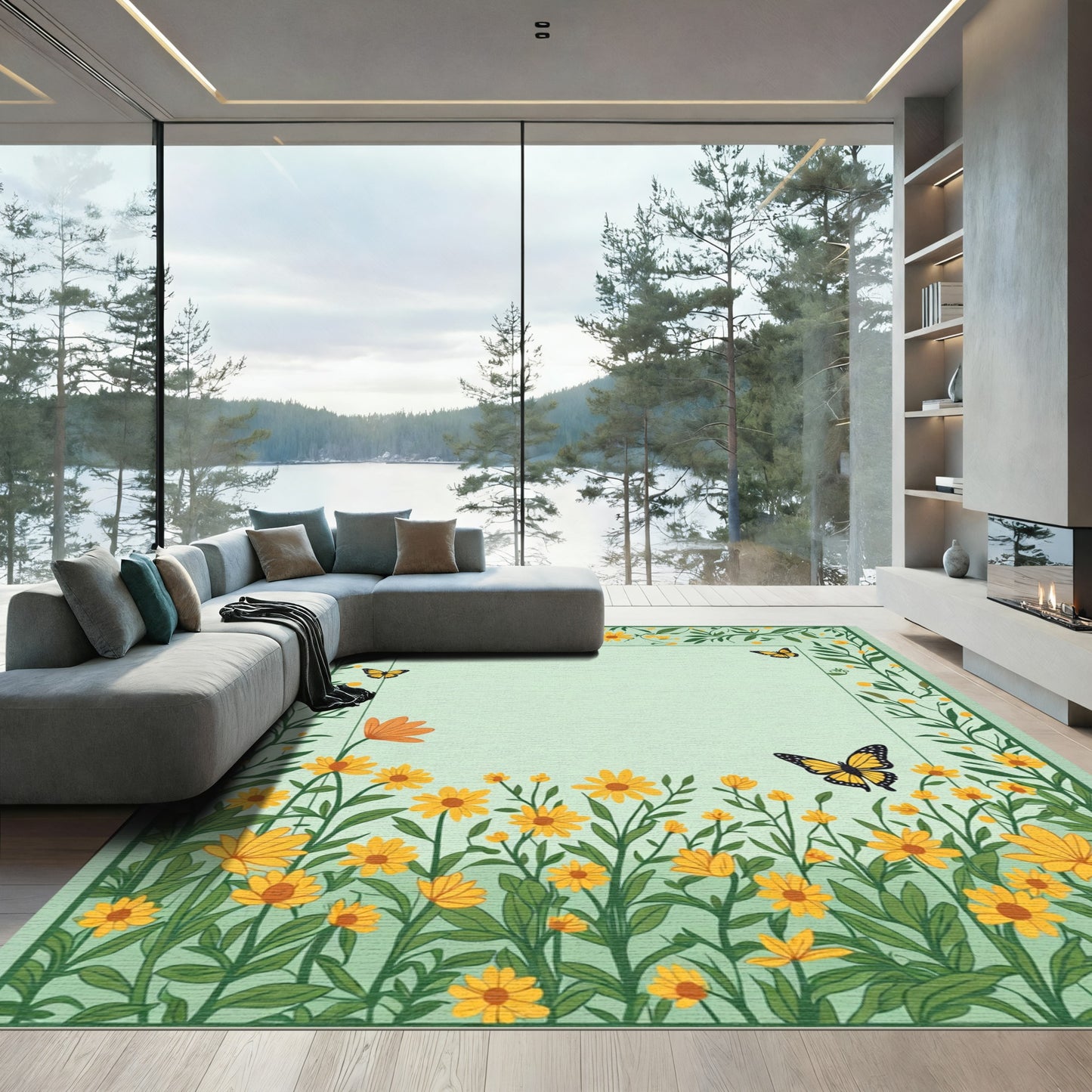 Yellow Daisy Field Butterfly Border Rug