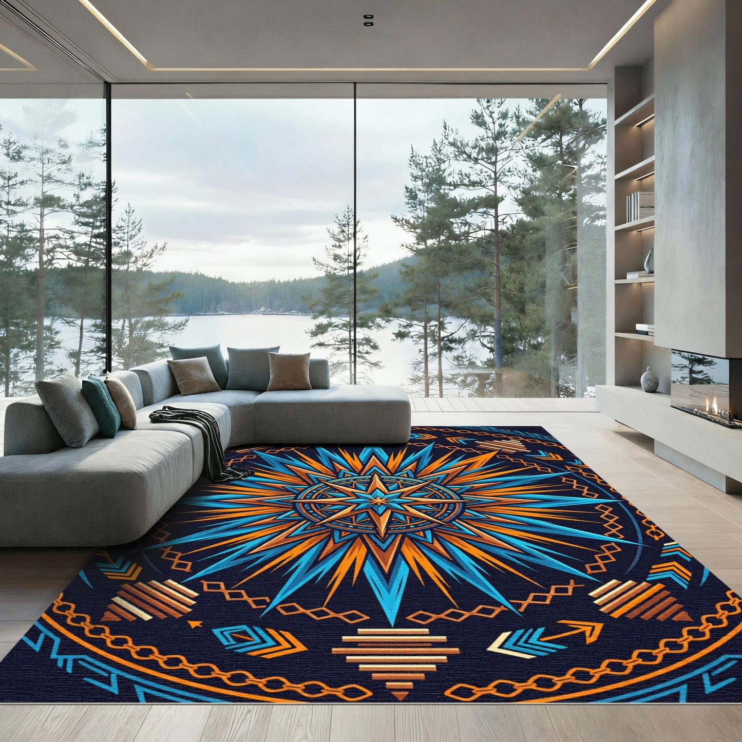 Radiant Orange and Azure Celestial Medallion Rug