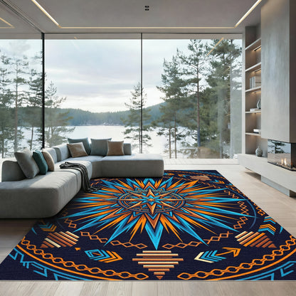Radiant Orange and Azure Celestial Medallion Rug