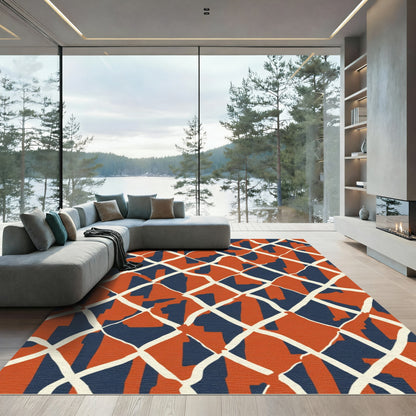 Orange Navy Interlocking Geometric Rug