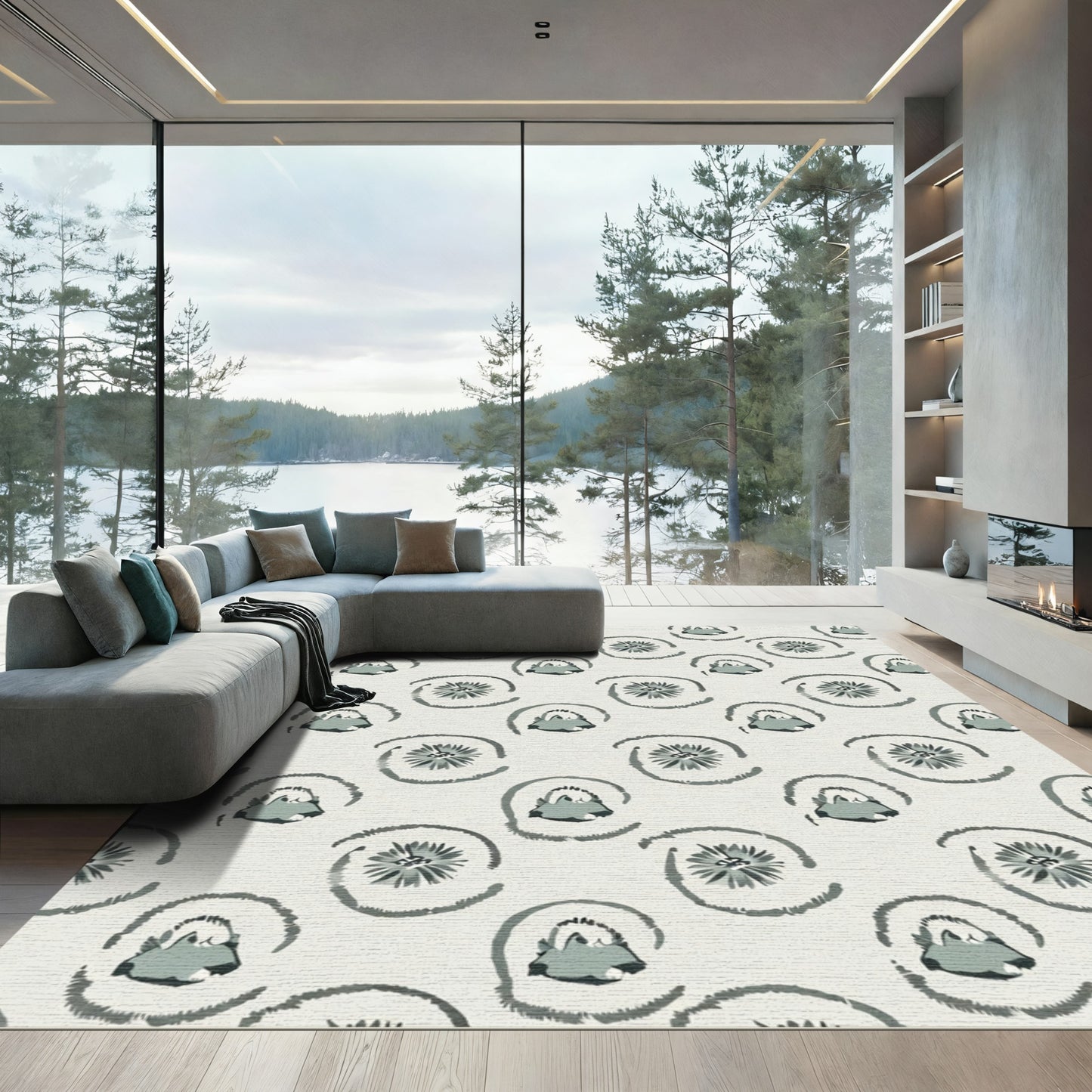 Subtle Teal Abstract Swirl Flower Rug