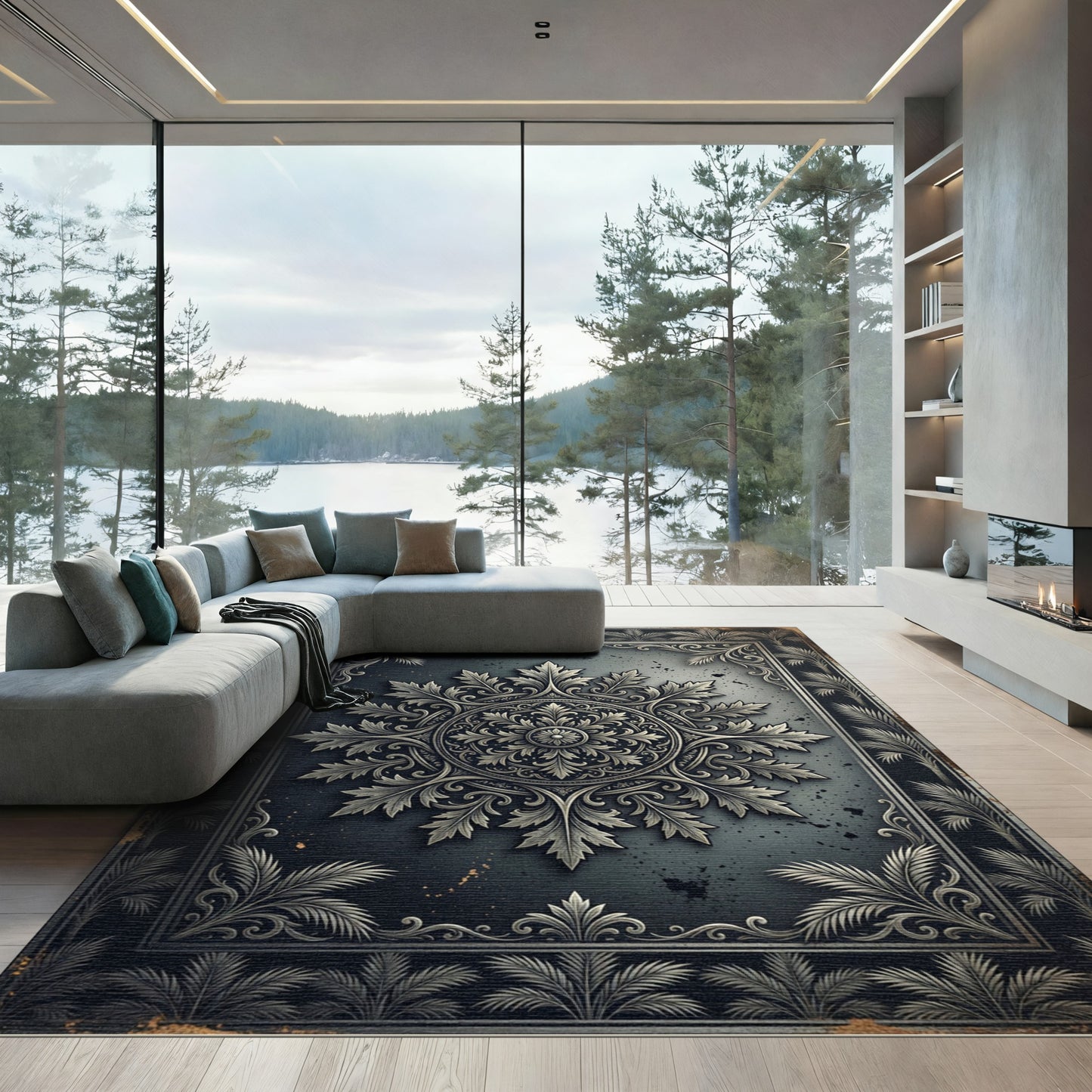 Ornate Charcoal Silver Filigree Medallion Rug