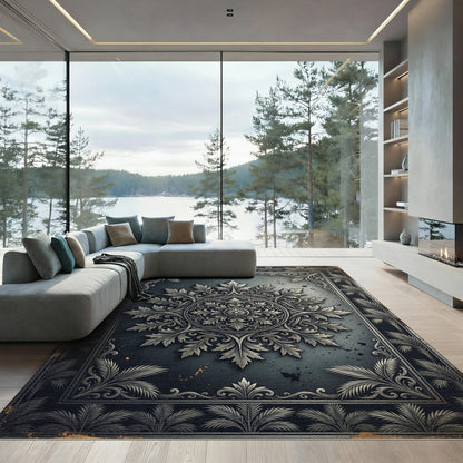 Ornate Charcoal Silver Filigree Medallion Rug