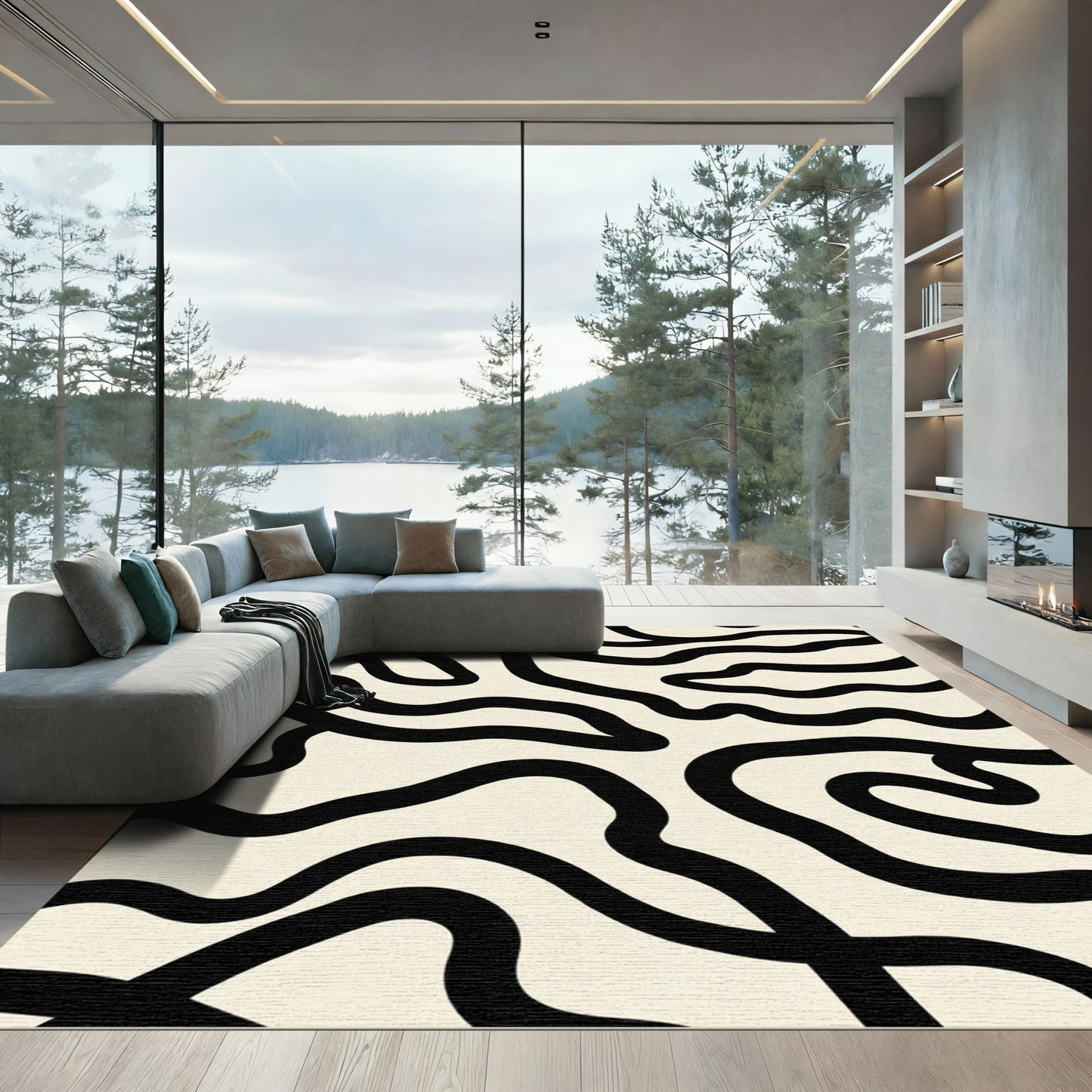 Cream Black Organic Abstract Wave Rug