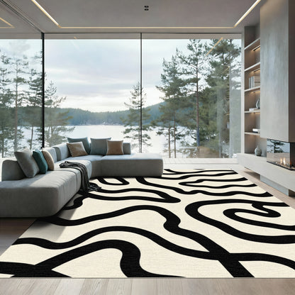 Cream Black Organic Abstract Wave Rug