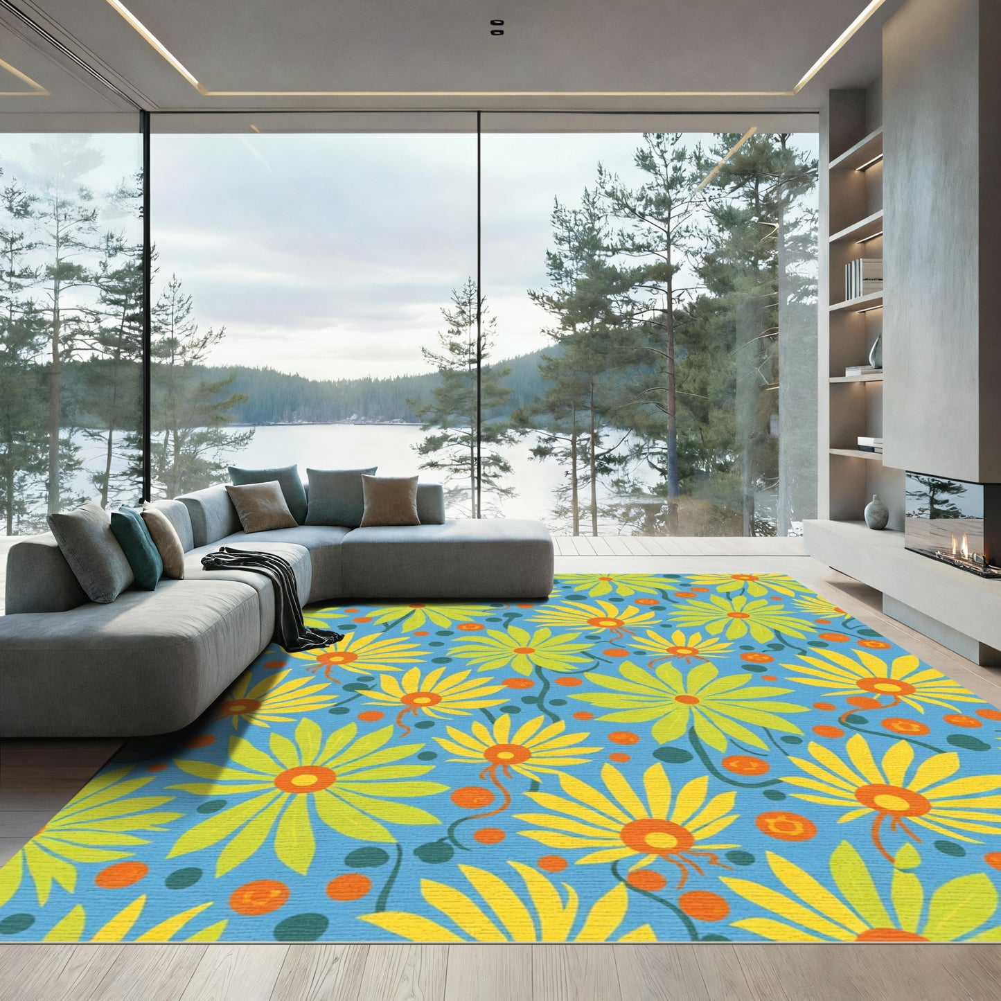 Blue Yellow Orange Daisy Garden Rug