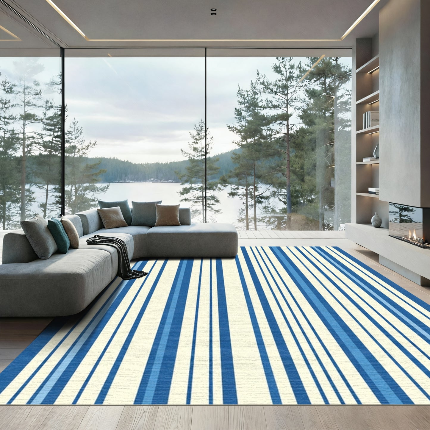 Modern Blue Cream Stripes Rug