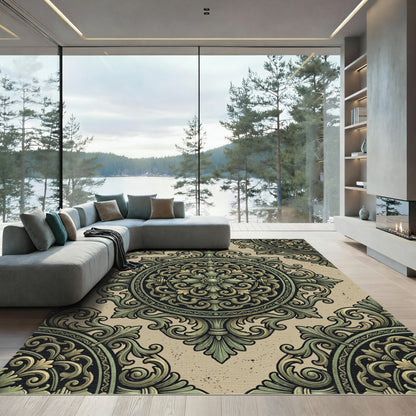 Ornate Green and Gold Medallion Rug