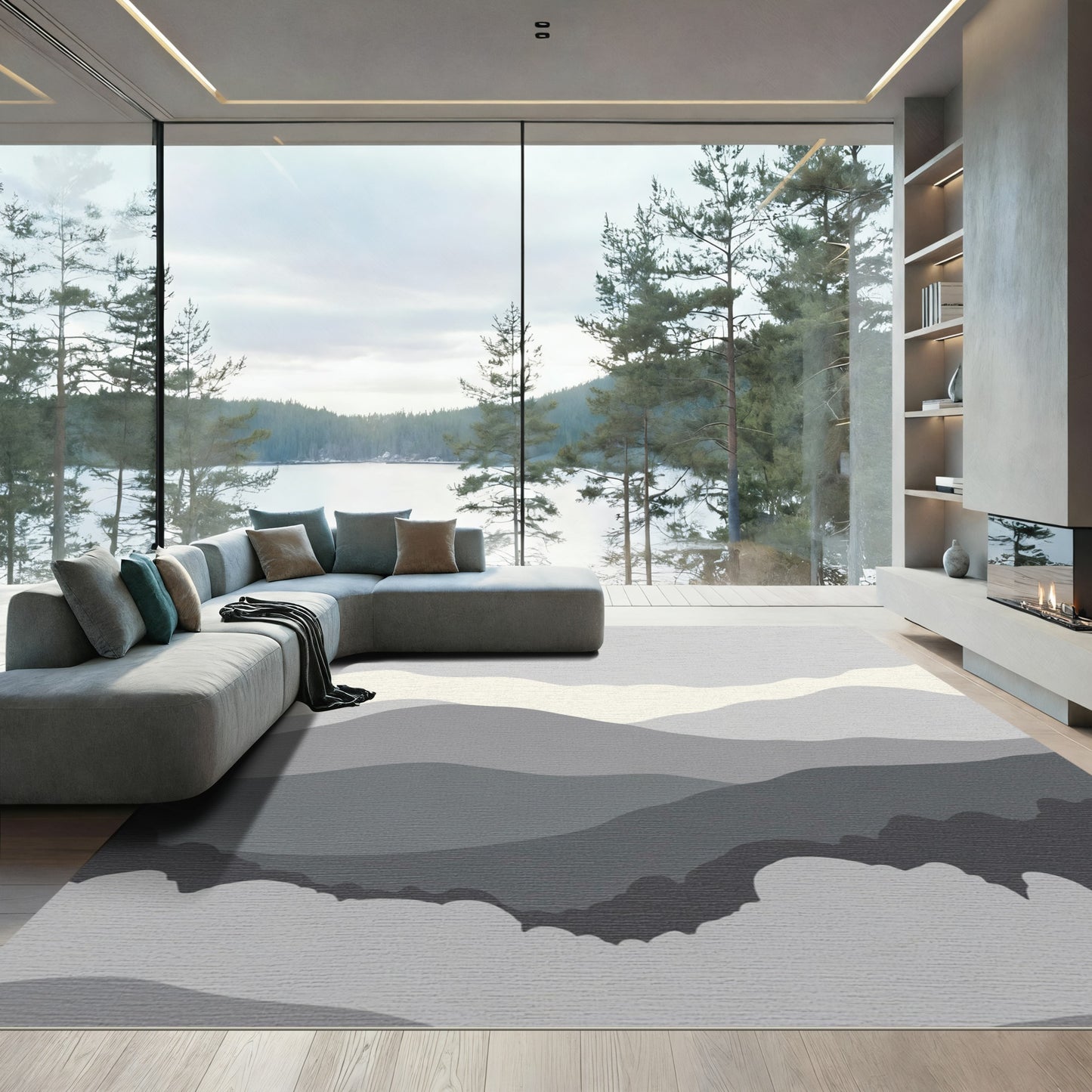 Monochromatic Gray Mountain Landscape Rug