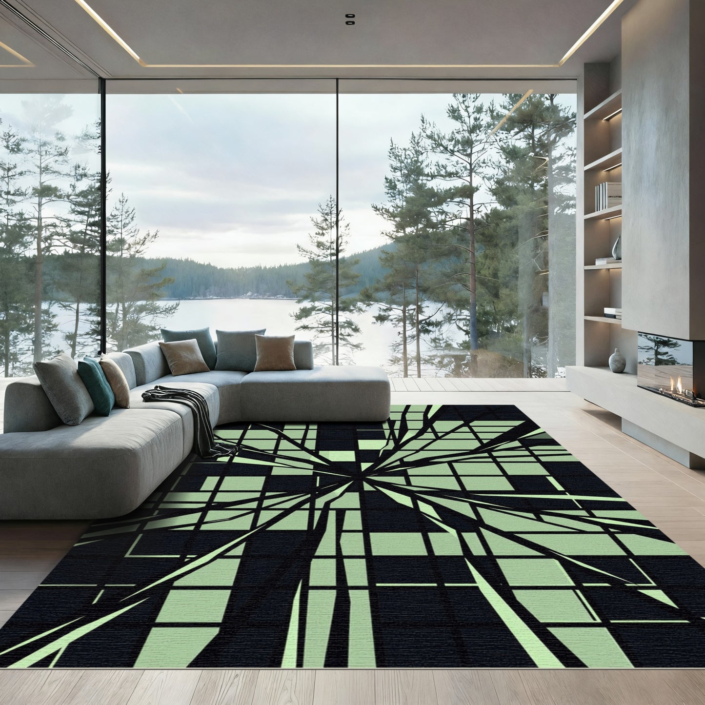 Abstract Sage Grid Shattered Glass Rug