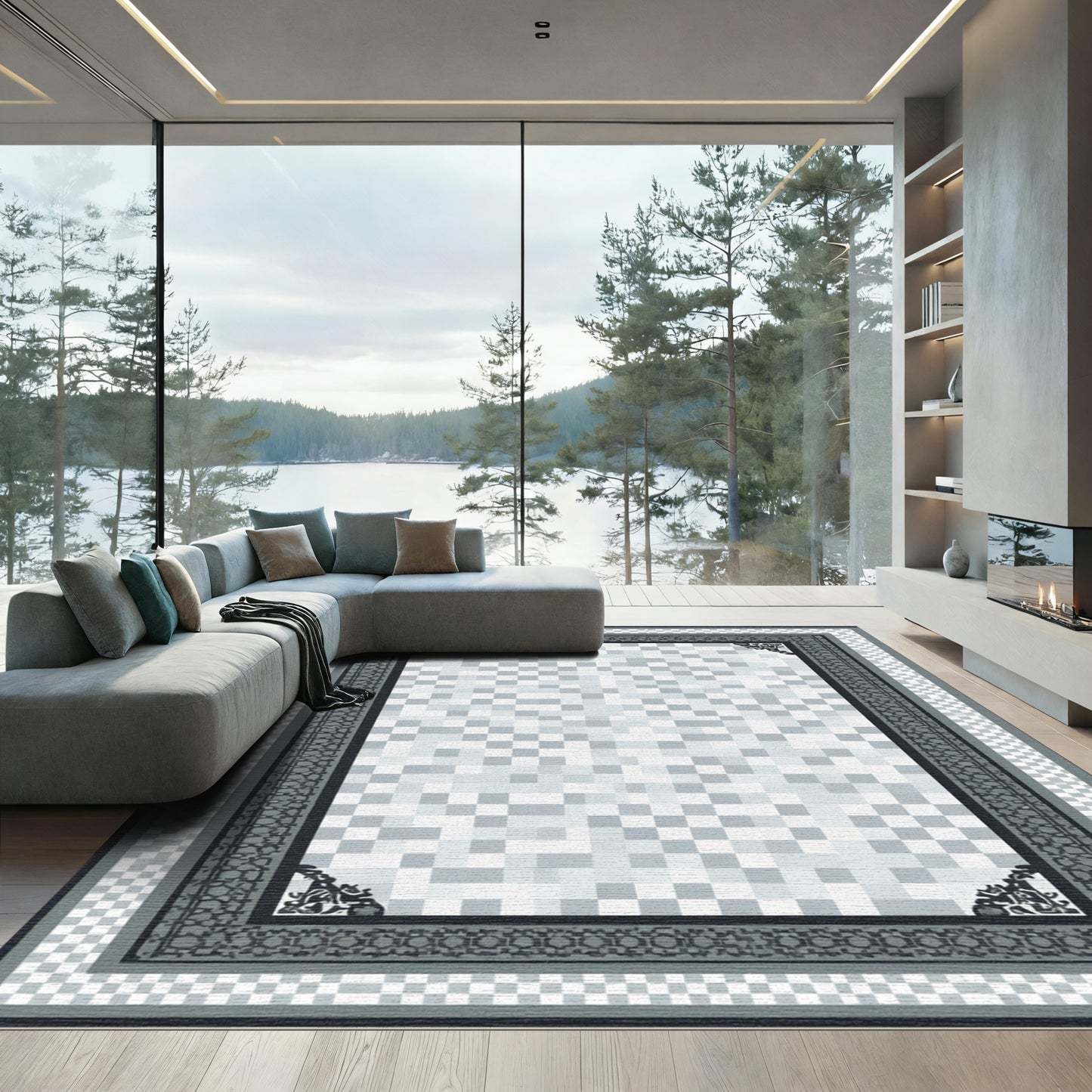 Monochrome Abstract Square Border Rug