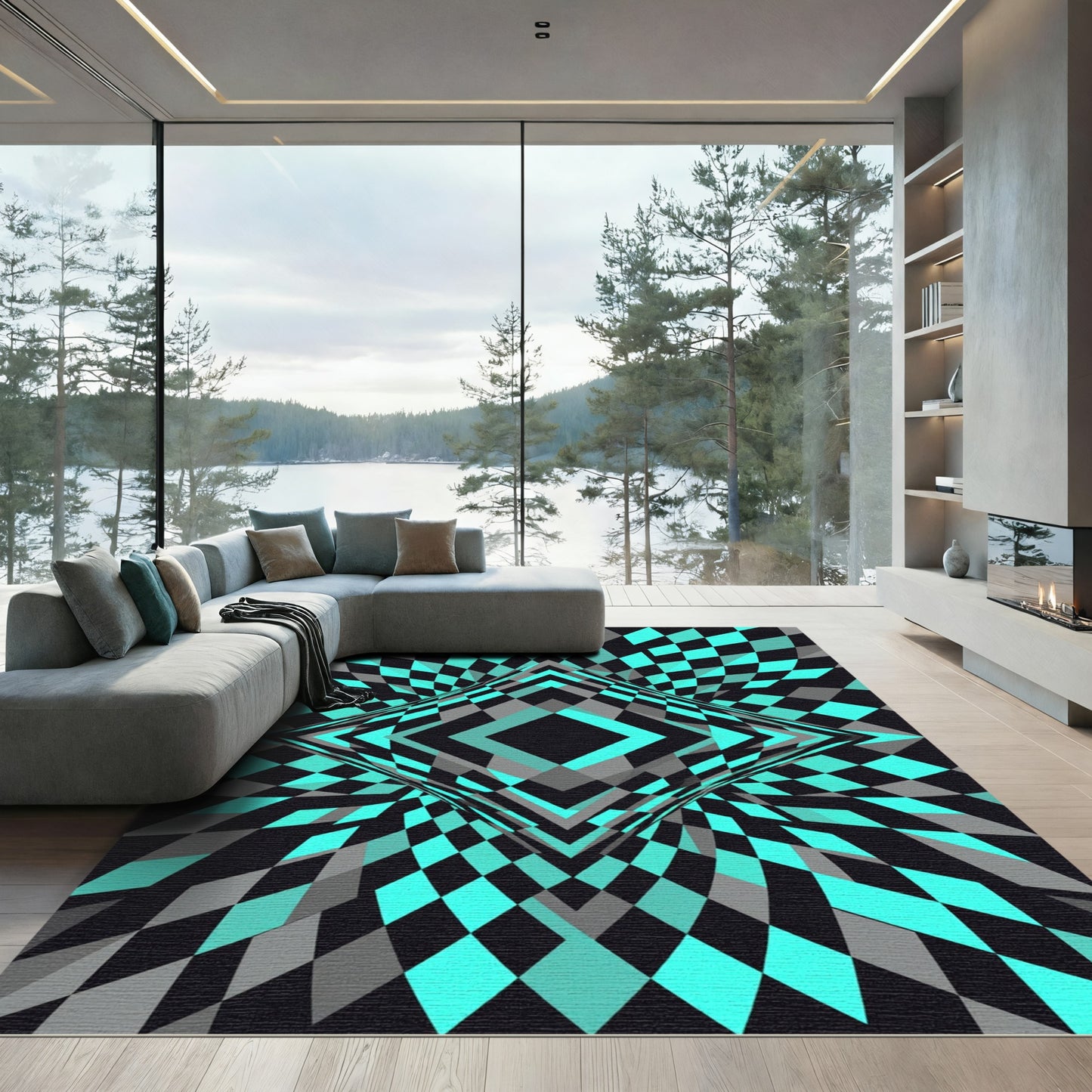 Cyan Geometric Diamond Hypnotic Illusion Rug