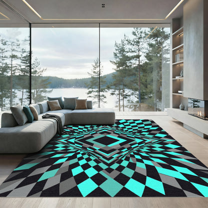 Cyan Geometric Diamond Hypnotic Illusion Rug