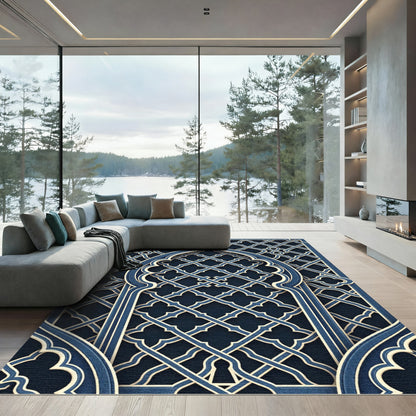 Elegant Navy Blue Geometric Arabesque Rug