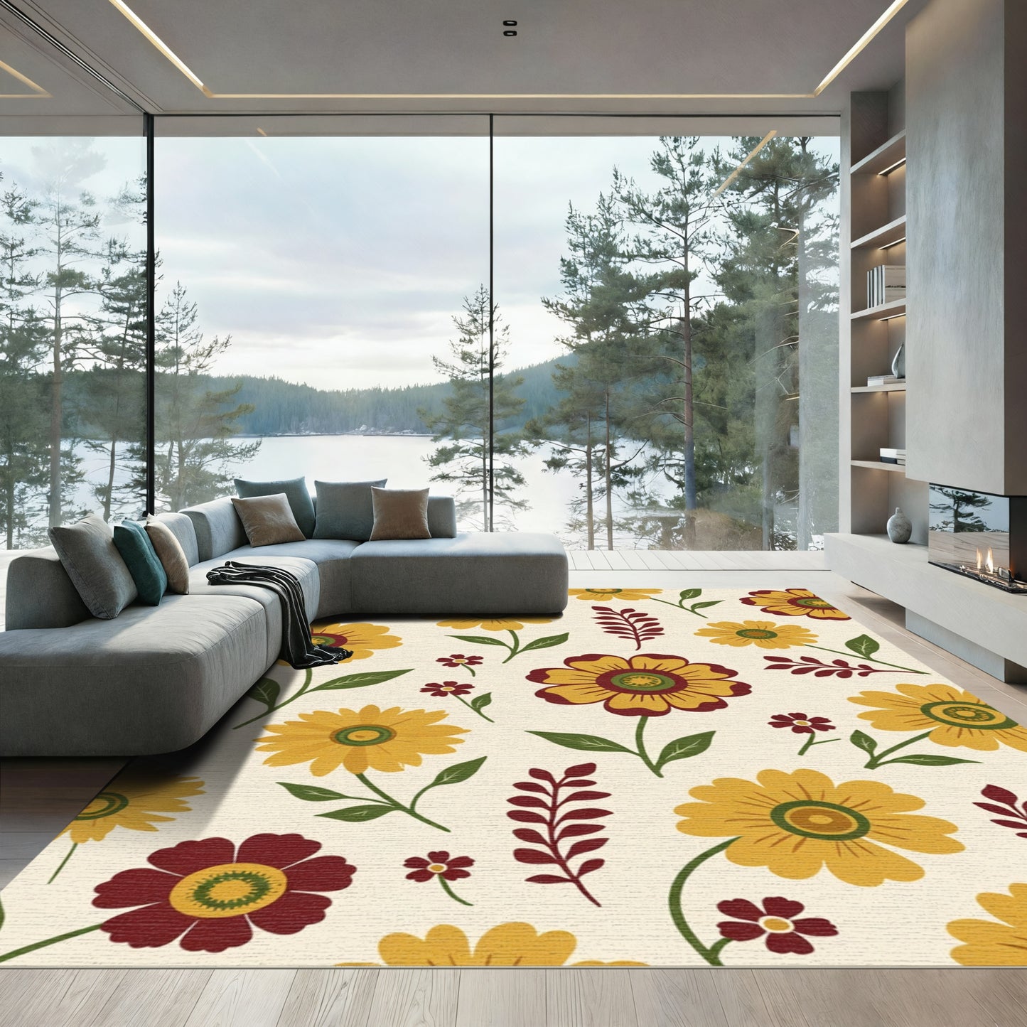 Golden Yellow Bloom Branch Arrangement Rug
