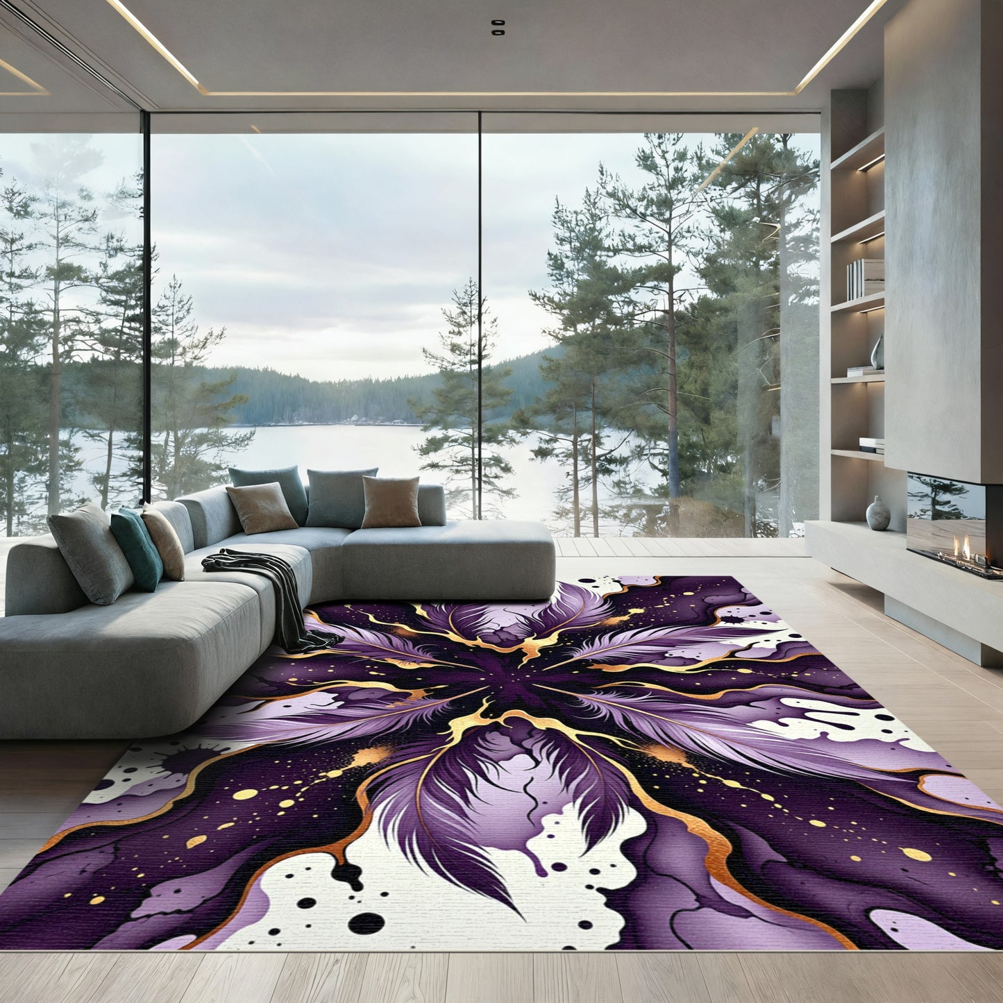 Purple Feather Abstract Gold Swirl Rug