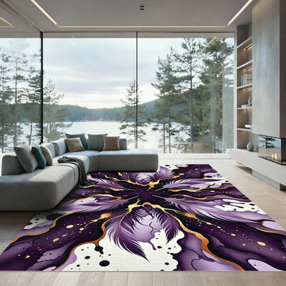 Purple Feather Abstract Gold Swirl Rug