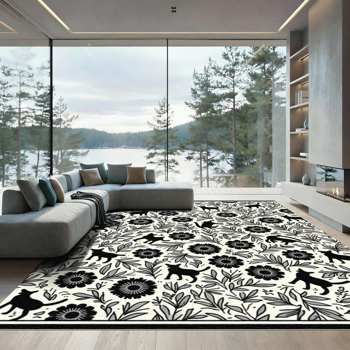 Whimsical Black Cats Floral Garden Rug