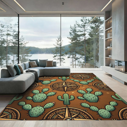 Vintage Compass and Cactus Earthy Rug