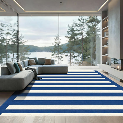 Deep Blue Cream Horizontal Stripe Rug
