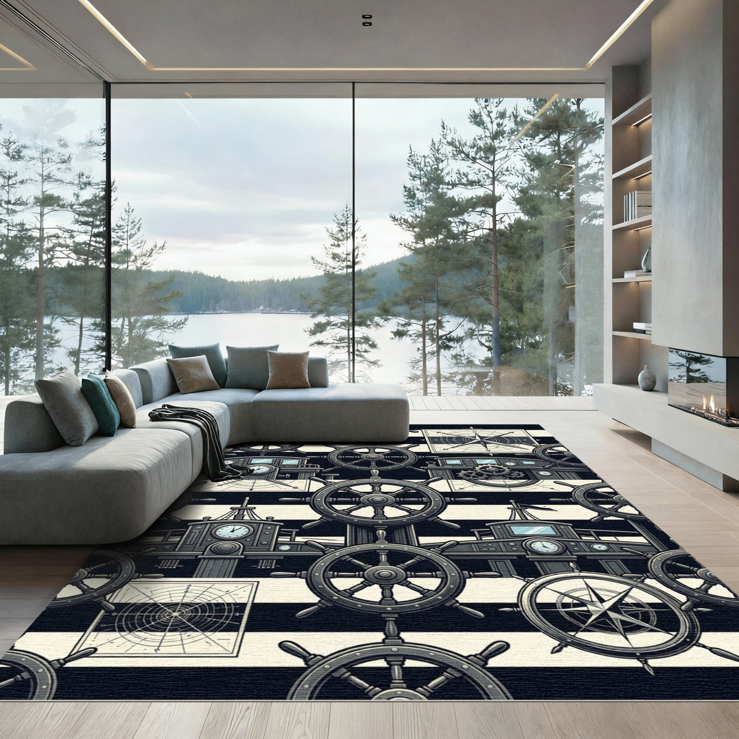 Nautical Black and White Helm Compass Rug