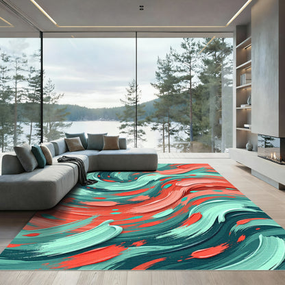 Vibrant Teal and Coral Abstract Wave Rug