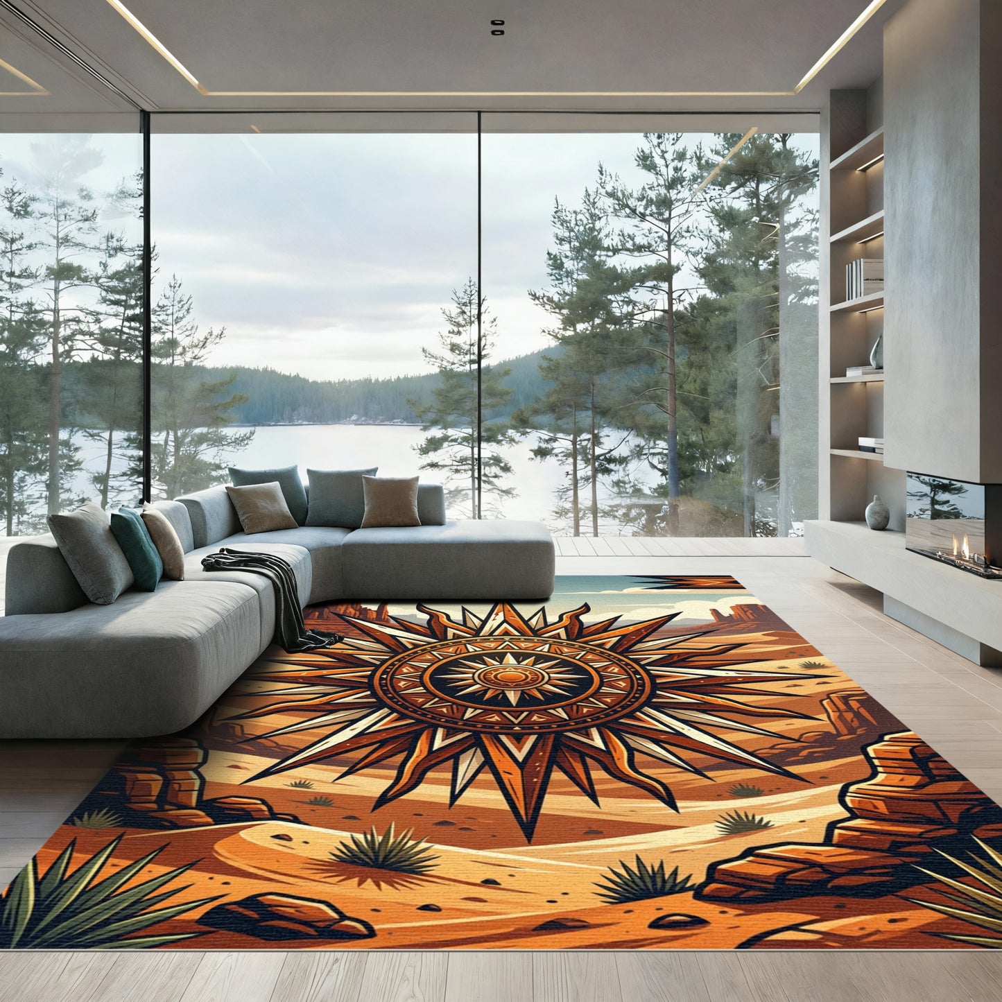 Western Desert Sunburst Terra Cotta Medallion Rug
