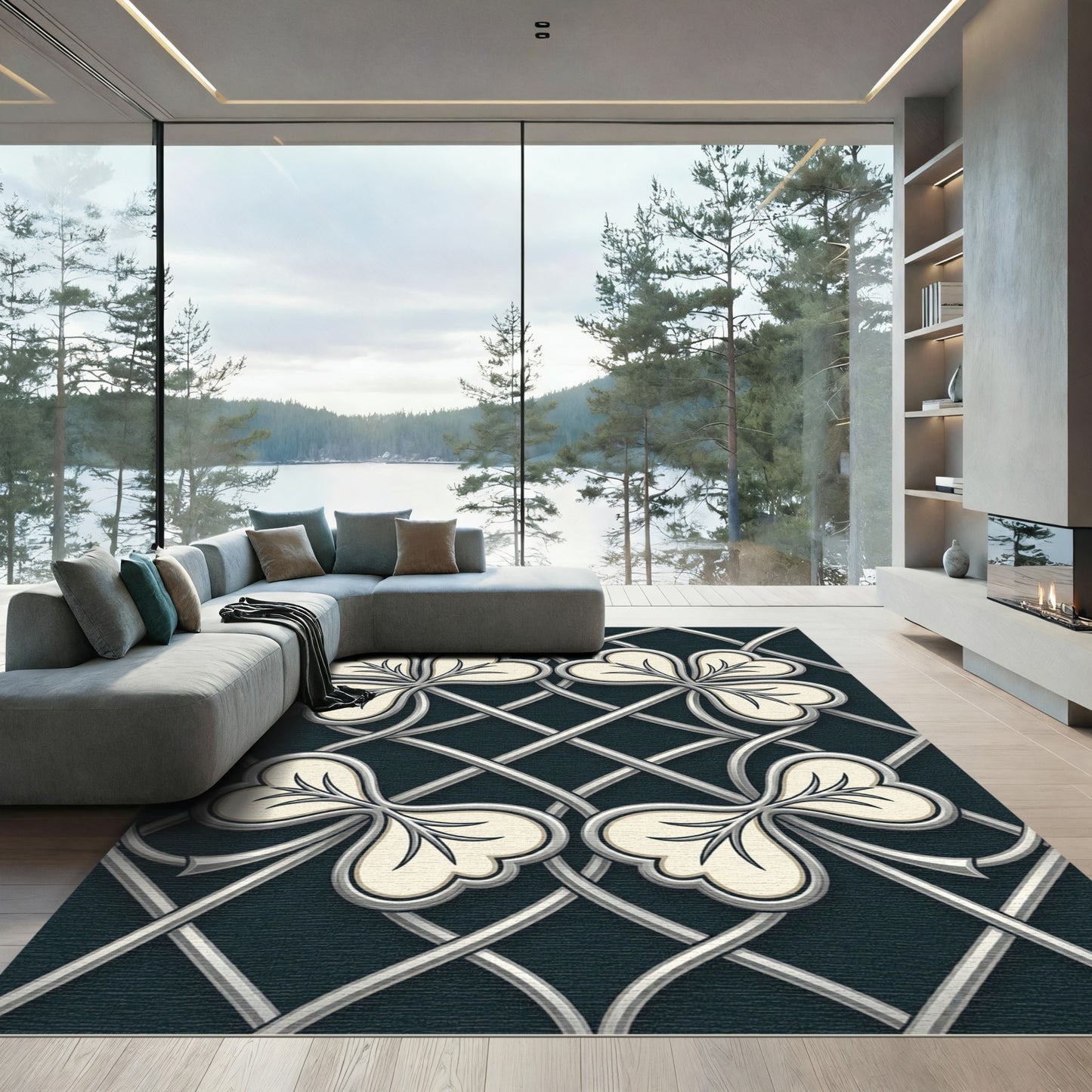 Cream Clover Pattern on Dark Gray Lattice Rug
