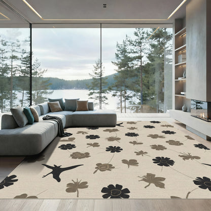 Neutral Tan Floral Black Bird Collage Rug