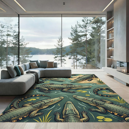 Swamp Reptile Green Alligator Wildlife Illustration Rug
