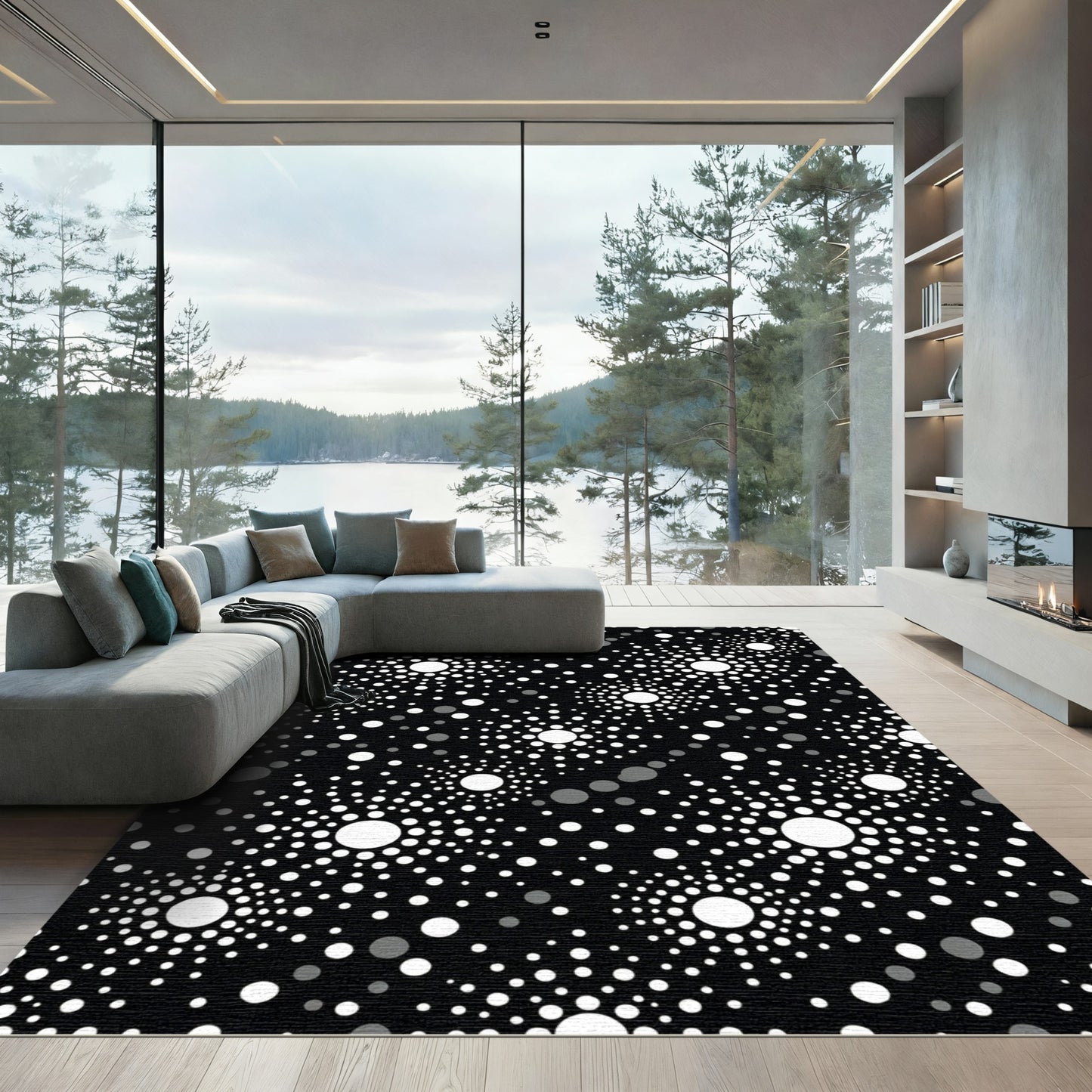 Black White Circles Starburst Rug