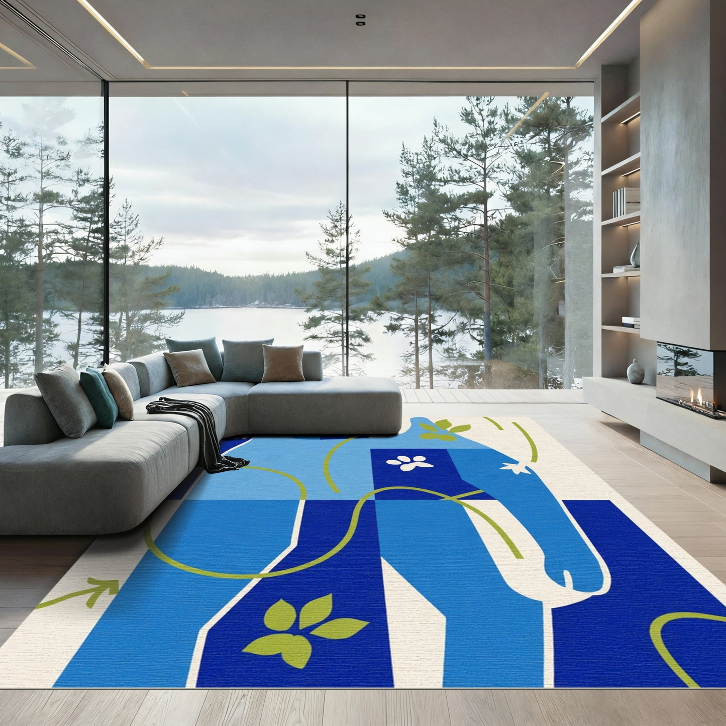 Abstract Blue Figure Leaf Swirl Rug