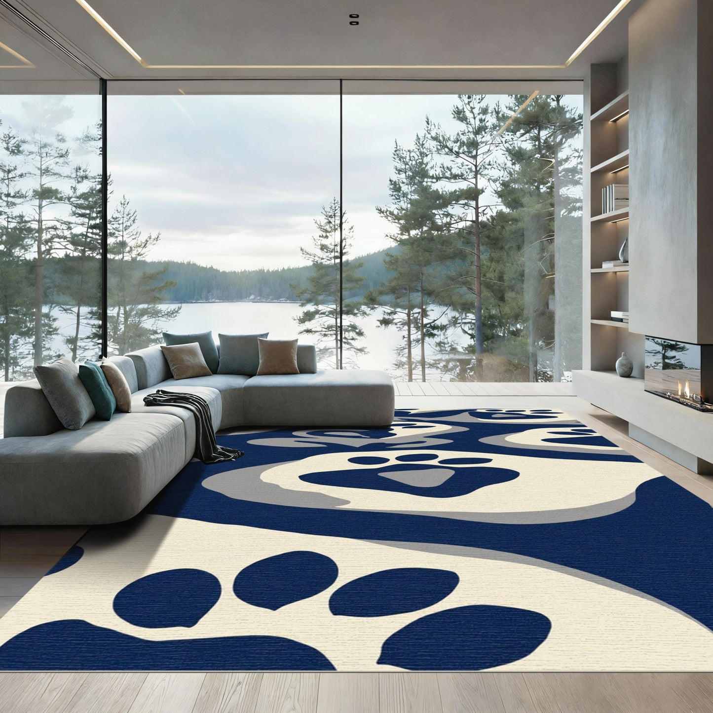 Deep Blue Paw Print Camouflage Rug