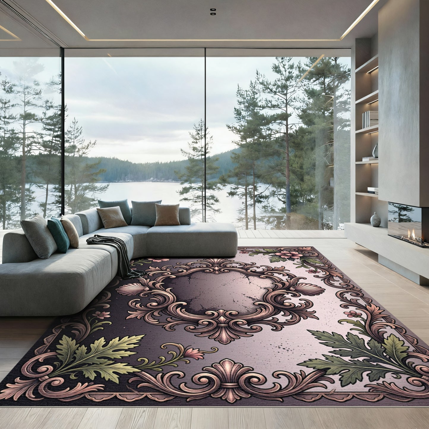 Ornate Pink Floral Gilded Scroll Rug