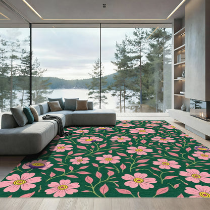 Pink Blossom Garden on Dark Green Rug
